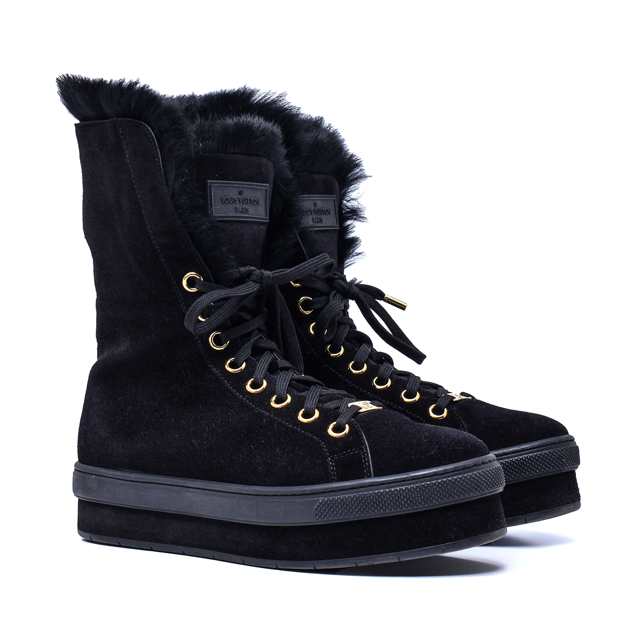 Louis Vuitton - Black Suede & Rabbit Fur Lace Up Jazzy Boots / 37